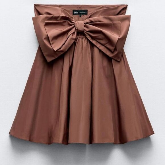 Zara CUT OUT BOW TAFFETA DRESS brown - Picture 6 of 10